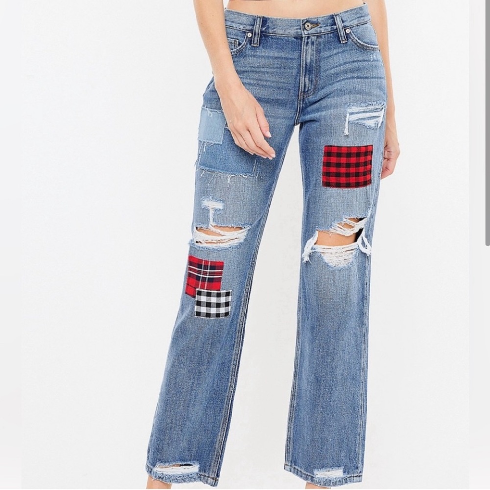 KanCan™ Nonstretch High Rise Plaid Patch Ripped Boyfriend Jean